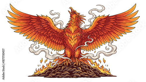 Fiery Phoenix Rising from Ashes Vector Graphic: Rebirth and Hope Symbol, Majestic Bird Illustration isolated on transparent background, Fantasy Art for T-shirt Designs