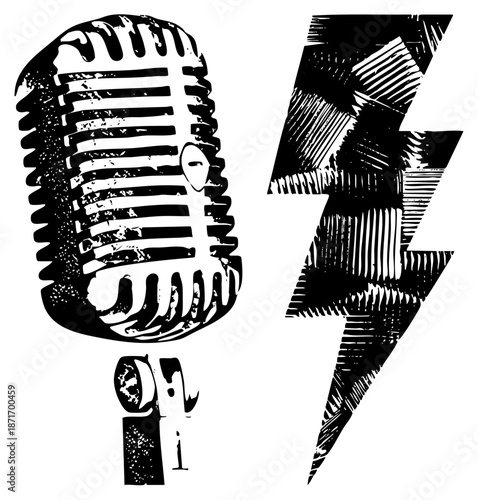 Vintage Microphone and Lightning Bolt Graphic