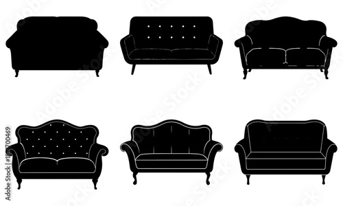 Six Black Sofa Silhouettes on White Background