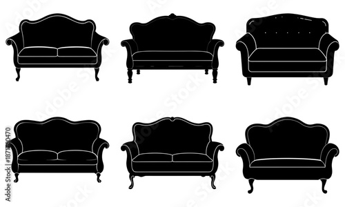 Six Vintage Sofa Silhouettes on White Background black