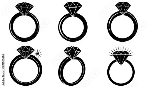 Five Diamond Engagement Rings with Different Sparkle Effects on White Background jewelry gemstone