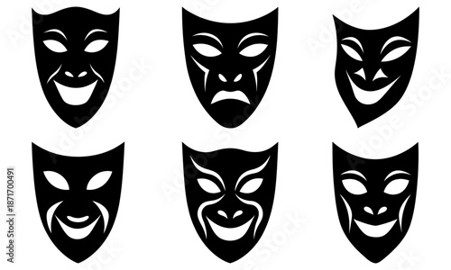 Six Black and White Theater Masks with Different Expressions on Transparent Background comedy mask tragedy mask 1