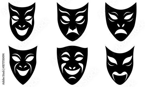 Six Black and White Theater Masks with Different Expressions on Transparent Background comedy mask tragedy mask