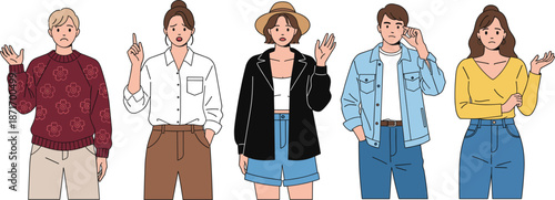 Group of confused people making questioning hand gestures, doubt and uncertainty concept flat vector illustration