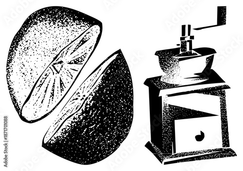 Vintage Hand Crank Coffee Grinder Beside Sliced Citrus Fruit