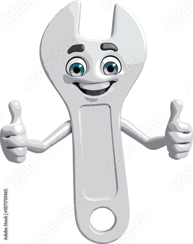 Cartoon wrench character, smiling tool mascot, friendly handyman illustration, anthropomorphic wrench design, educational tool artwork, playful construction graphic element