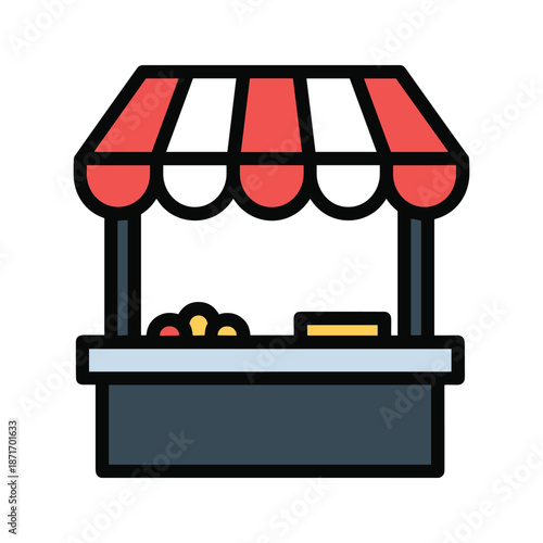 Fruit stand with red and white awning