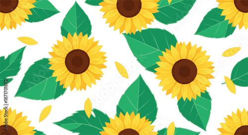 Seamless sunflower pattern with yellow flowers and green leaves, summer floral background illustration