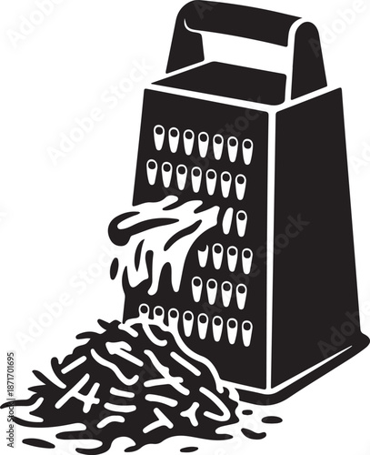 Cheese grater with grated cheese spilling out from multiple holes onto a pile