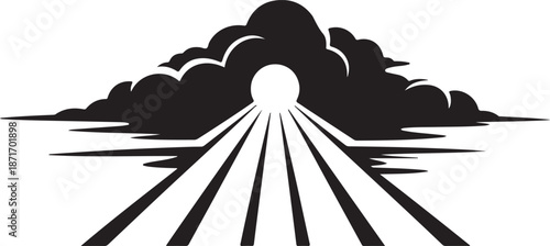 Perspective path through dramatic clouds towards bright circular light source