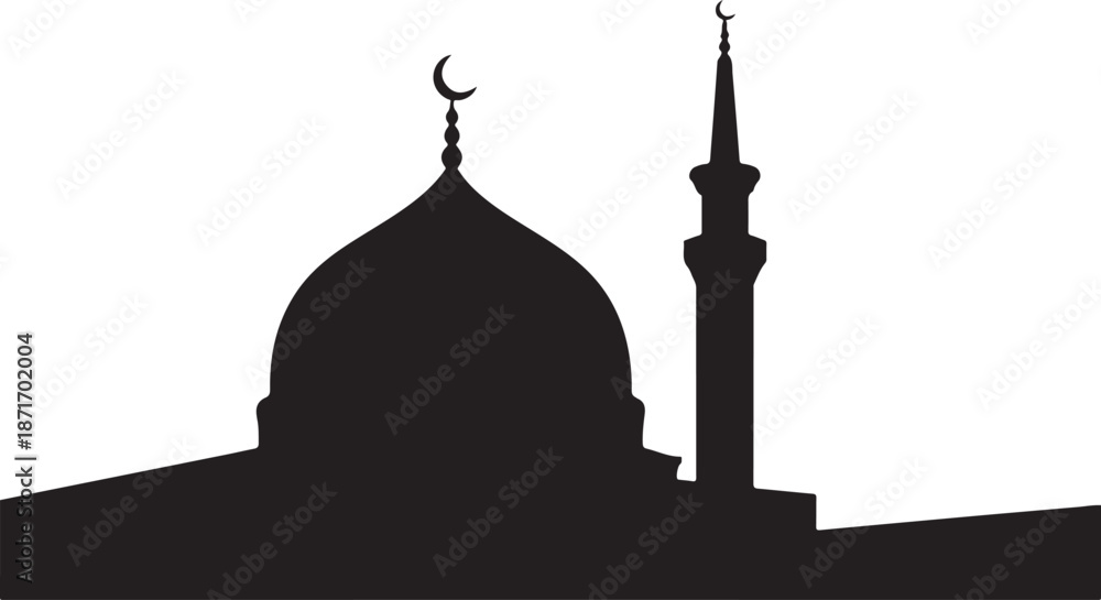 Fototapeta premium Silhouette of traditional mosque dome and minaret with crescent moon on top of both architecture buildings