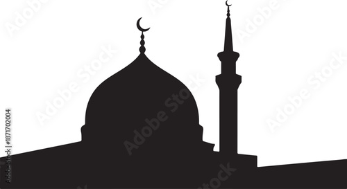 Silhouette of traditional mosque dome and minaret with crescent moon on top of both architecture buildings