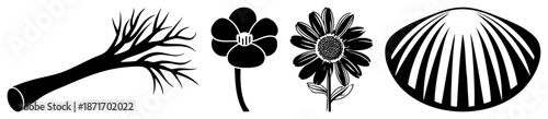 Four Black Silhouetted Nature Branch, Flower, Sunflower,