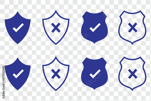 Graphic illustration of safety shield symbols with check mark and exclamation icons representing security and protection
