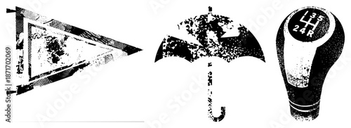 Vintage Triangular Warning Sign, Umbrella, and Car Gear Shift Lever