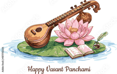 Saraswati veena with pink lotus flower and open book on water lily leaf for vasant panchami greeting