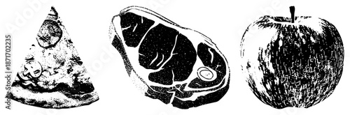 Black and White Halftone Illustration of Pizza Slice, Steak, and