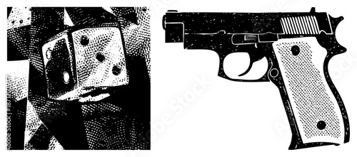 Halftone Dice and Pistol Vector Illustration Set