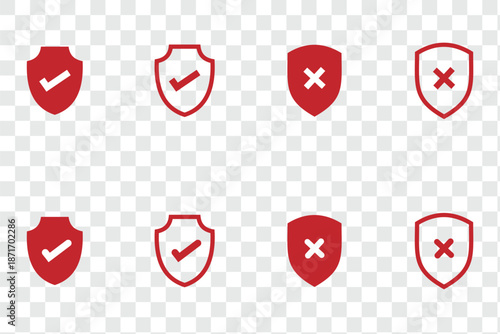 Set of Security Shield Icons featuring shield logotypes with check mark and padlock, isolated on transparent, safety protection sign, secure design, and vector 