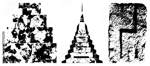 Three Ancient Stone Monuments with Weathered Textures and Geometric Forms