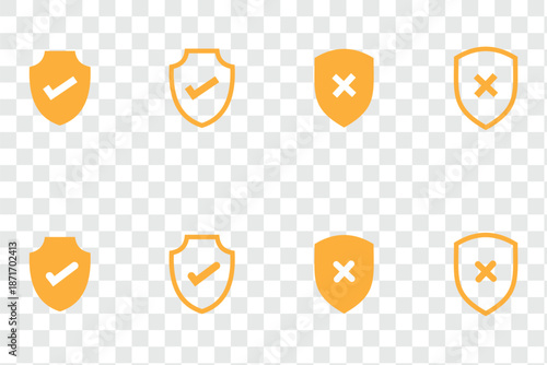 Set of Security Shield Icons featuring shield logotypes with check mark and padlock, isolated on transparent, safety protection sign, secure design, and vector 