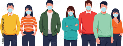 Flat vector illustration of a diverse group of people wearing medical face masks for protection, health safety, virus prevention, and social awareness concepts.
