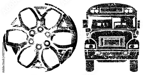 Vintage School Bus and Car Wheel Stylized Vector Illustration
