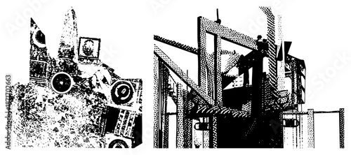 Abstract Mechanical Assemblage with Halftone Texture and Geometric Shapes