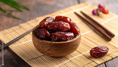 Dates in a Wooden Bowl on Bamboo Mat - A Sweet and Healthy Treat.