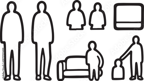 Simple line icons of people and furniture at home