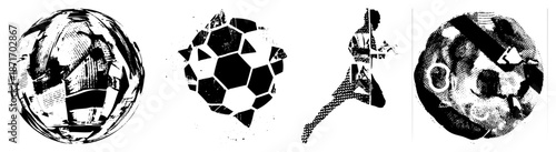 Abstract Geometric Sphere, Soccer Ball, Runner, and Dog Silhouettes in Halftone Vector Art