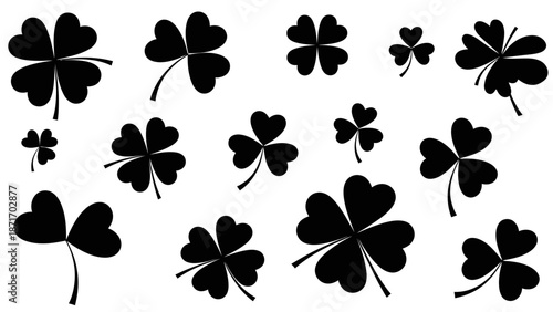 Collection of Black Shamrock and Four-Leaf Clover Shapes on White Background