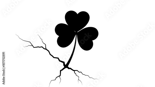 Black Silhouette of a Shamrock Growing from a Cracked Ground, Symbolizing Hope