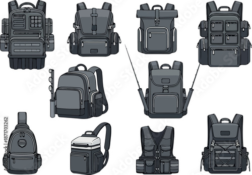 Gray Backpack Collection Vector Art of Travel Bags and Rucksacks