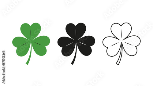 Three Shamrocks Isolated on White Background: Green, Black, and Outline Styles