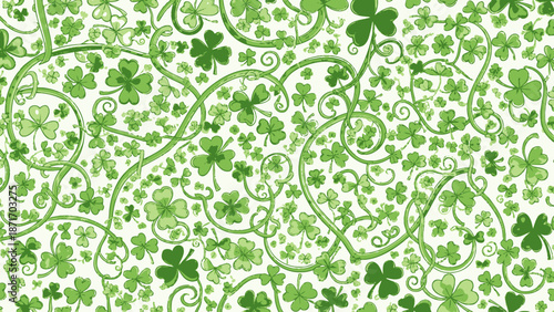 Seamless Pattern of Green Shamrocks and Vines for St. Patrick's Day Celebration