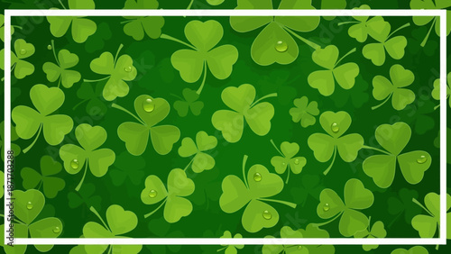 Vibrant Green Clover Pattern Background with Water Droplets, St. Patrick's Day Celebration
