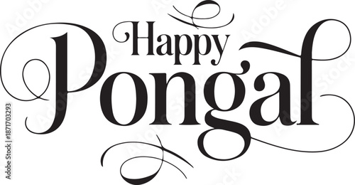 Happy pongal calligraphy lettering with decorative swirls for south indian harvest festival banner