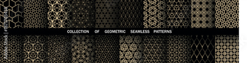 Geometric set of seamless black and golden patterns. Simple vector graphics