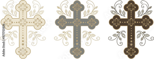 Three decorative crosses in beige taupe and brown floral ornate christian religious symbols