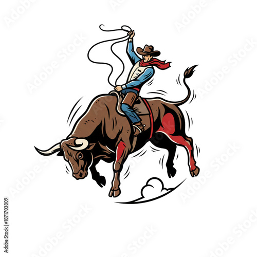 rodeo attraction riding an angry bull, isolated on white background.