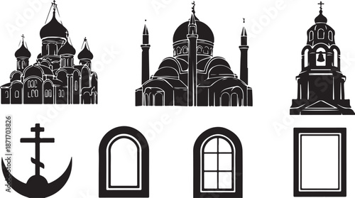 Religious architecture and orthodox symbols silhouette set including churches mosque bell tower window crosses