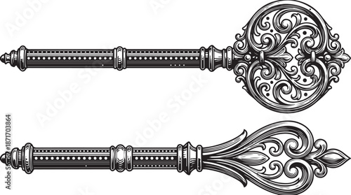 Two antique ornamental skeleton keys in vintage engraved style featuring elaborate scrollwork and patterns