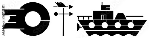 Three Black Silhouetted Speed Symbol, Wind Vane, and Tanker Ship