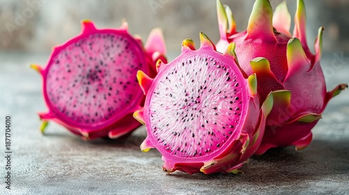Vibrant and Fresh Dragon Fruit Halves Displayed on a Rustic Surface