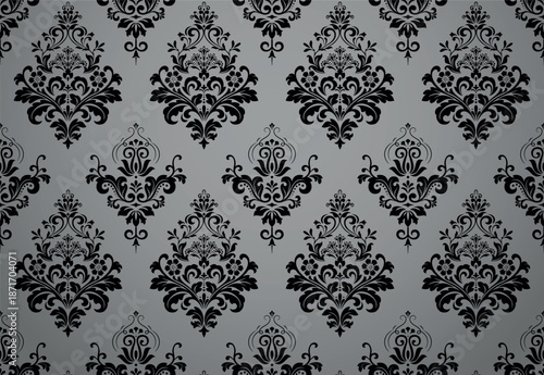 Wallpaper in the style of Baroque. Gray and black floral ornament. Seamless vector background. Graphic pattern for fabric, wallpaper, packaging. Ornate Damask flower illustration