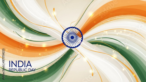 India republic day celebration with vibrant green orange and white swirling design elements and ashoka chakra symbol with Indian flag and national symbol