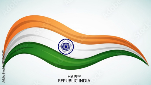 Waving indian flag illustration with happy republic india text on white background with Republic Day and National flag and Patriotic and Ashoka Chakra