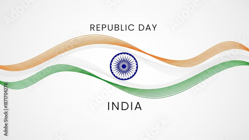 Republic day india celebration with wavy tricolor flag design and blue wheel symbol on white background with Indian flag and national flag and patriotism
