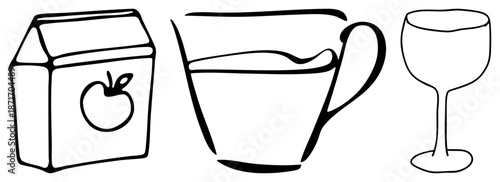 Minimalist Art of Juice Carton, Coffee Mug, and Wine Glass